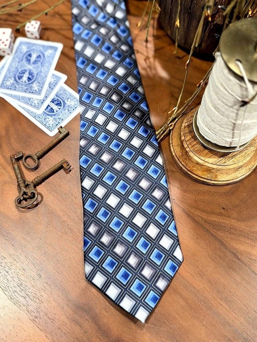 Pierre Cardin Geometric Silk-Feel Tie in Blue & Black Like New